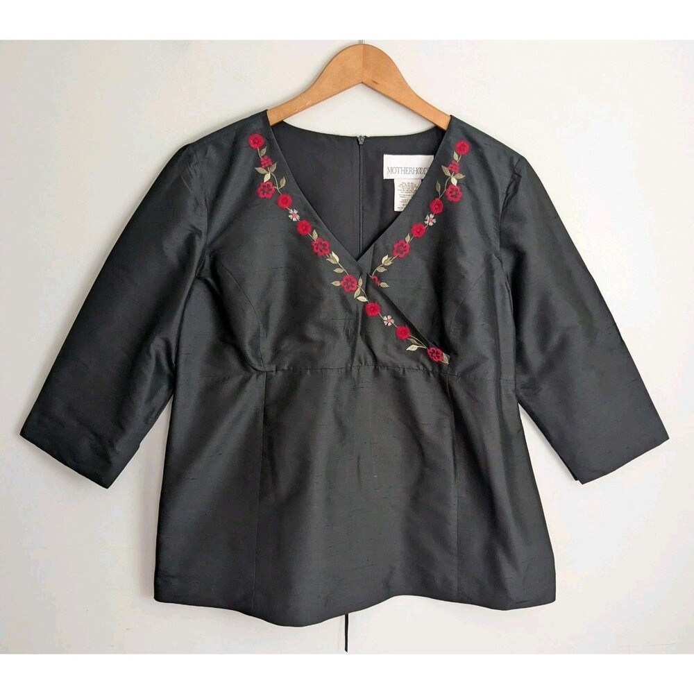 Y2K MOTHERHOOD 100% SILK TOP Vintage MATERNITY Black Large Embroidery Dressy